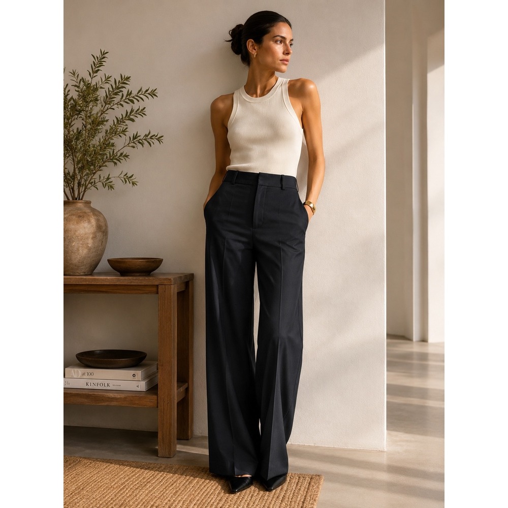 Barneys New York Navy Herringbone Wide Leg Wool Trousers Made in Italy Size 38